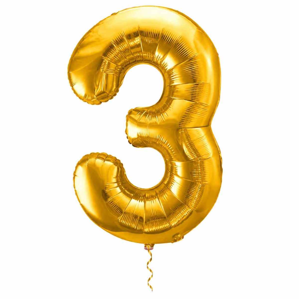 Cijfer 3 Helium Ballon Goud met dun metallic gouden lint op witte achtergrond – Ballonnenshop.nl