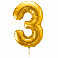 Cijfer 3 Helium Ballon Goud met dun metallic gouden lint op witte achtergrond – Ballonnenshop.nl