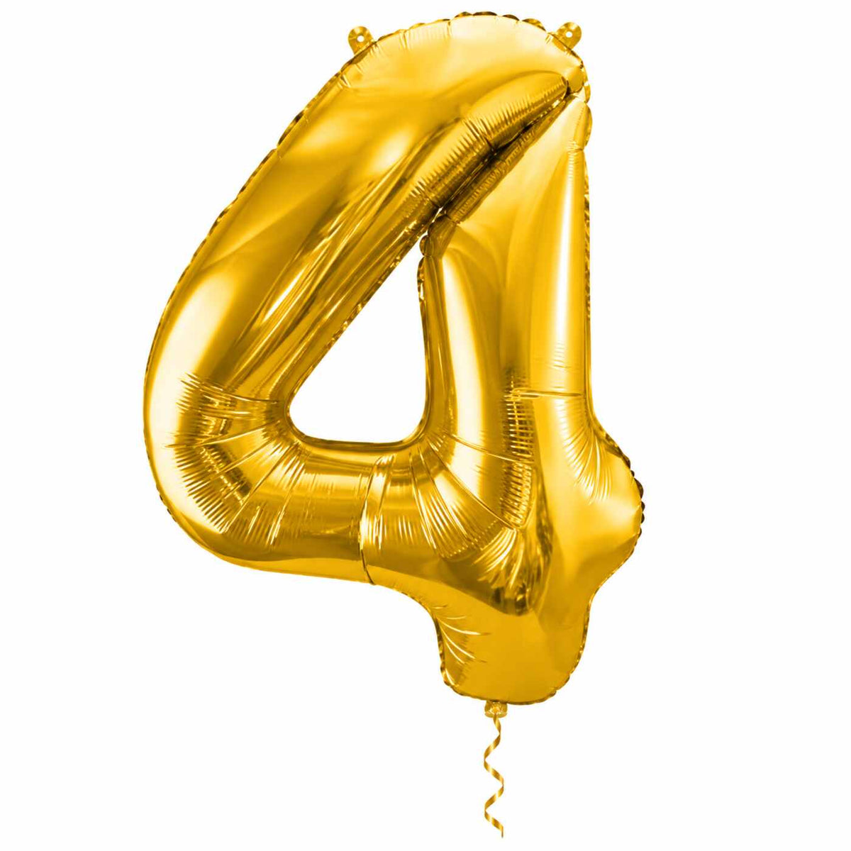 Cijfer 4 Helium Ballon Goud met dun metallic gouden lint op witte achtergrond – Ballonnenshop.nl