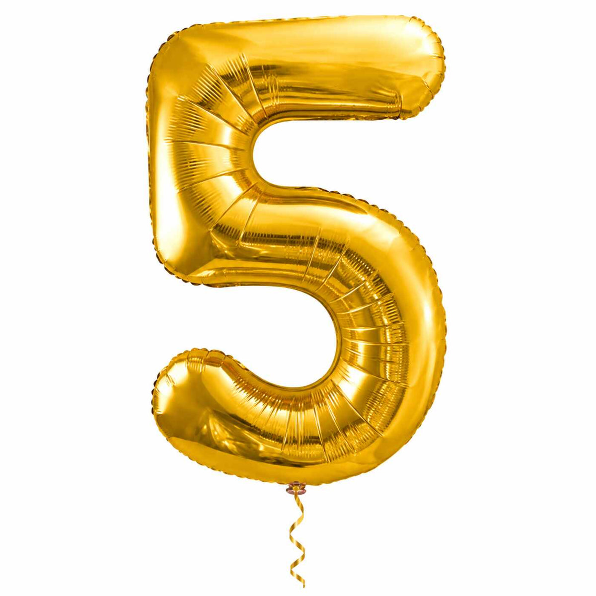 Cijfer 5 Helium Ballon Goud met dun metallic gouden lint op witte achtergrond – Ballonnenshop.nl