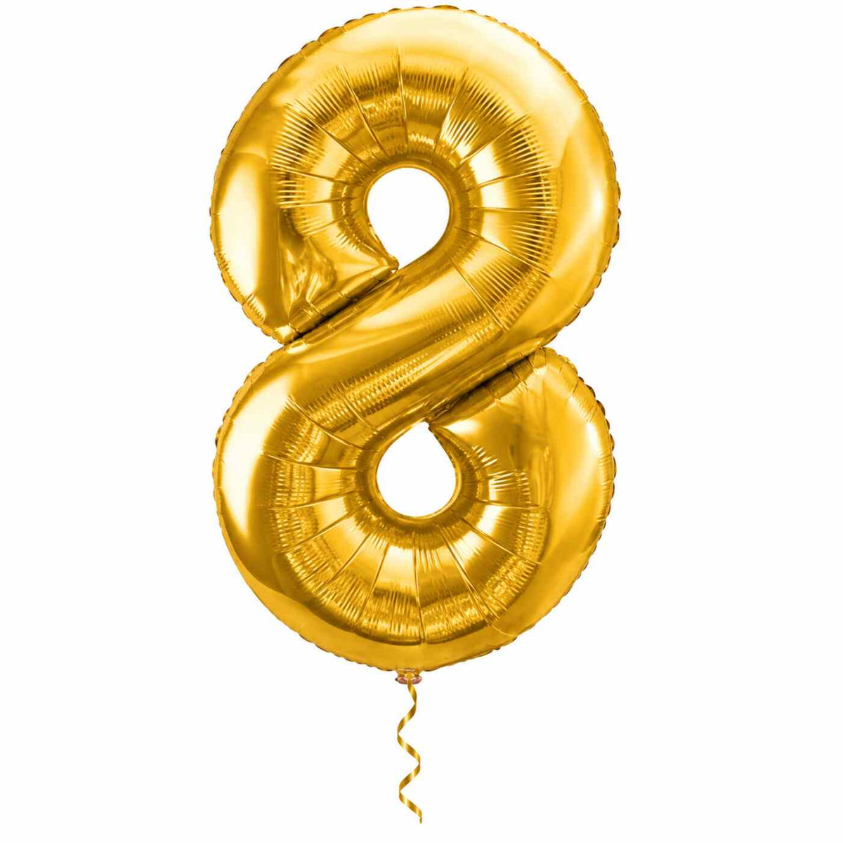 Cijfer 8 Helium Ballon Goud met dun metallic gouden lint op witte achtergrond – Ballonnenshop.nl