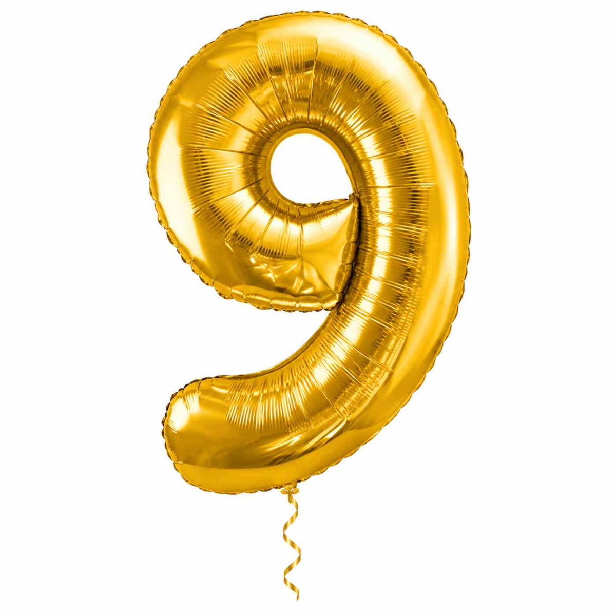 Cijfer 9 Helium Ballon Goud met dun metallic gouden lint op witte achtergrond – Ballonnenshop.nl