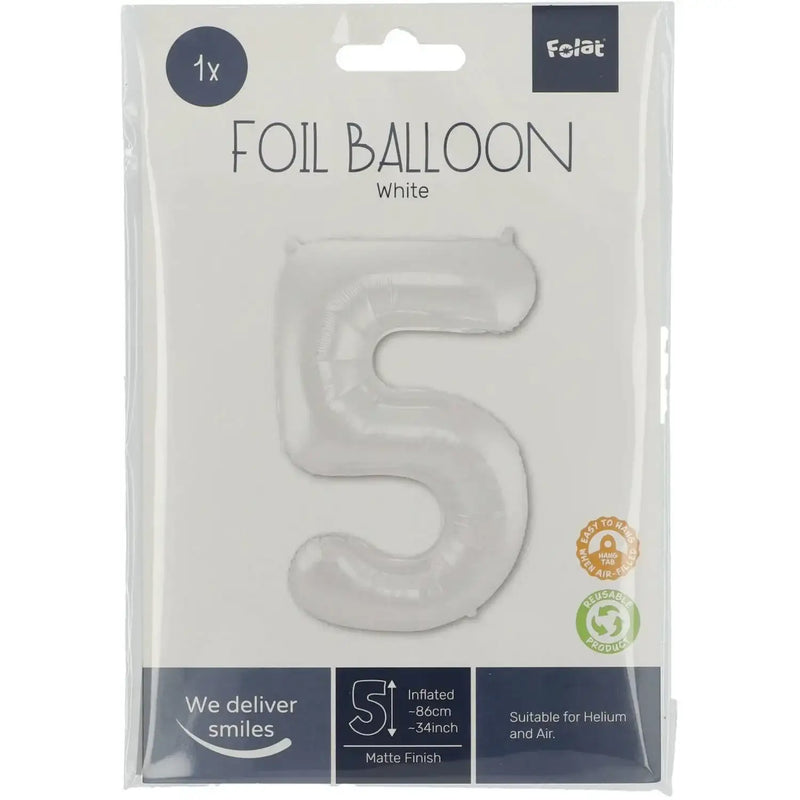Cijfer Ballon 5 - Wit - 86 cm - Ballonnenshop.nl