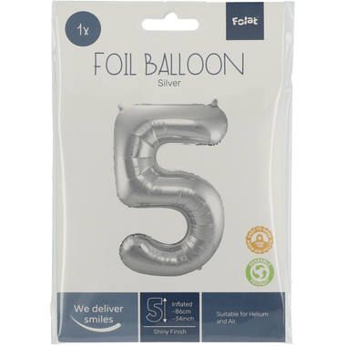 Cijfer Ballon 5 - Zilver - 86 cm - Ballonnenshop.nl