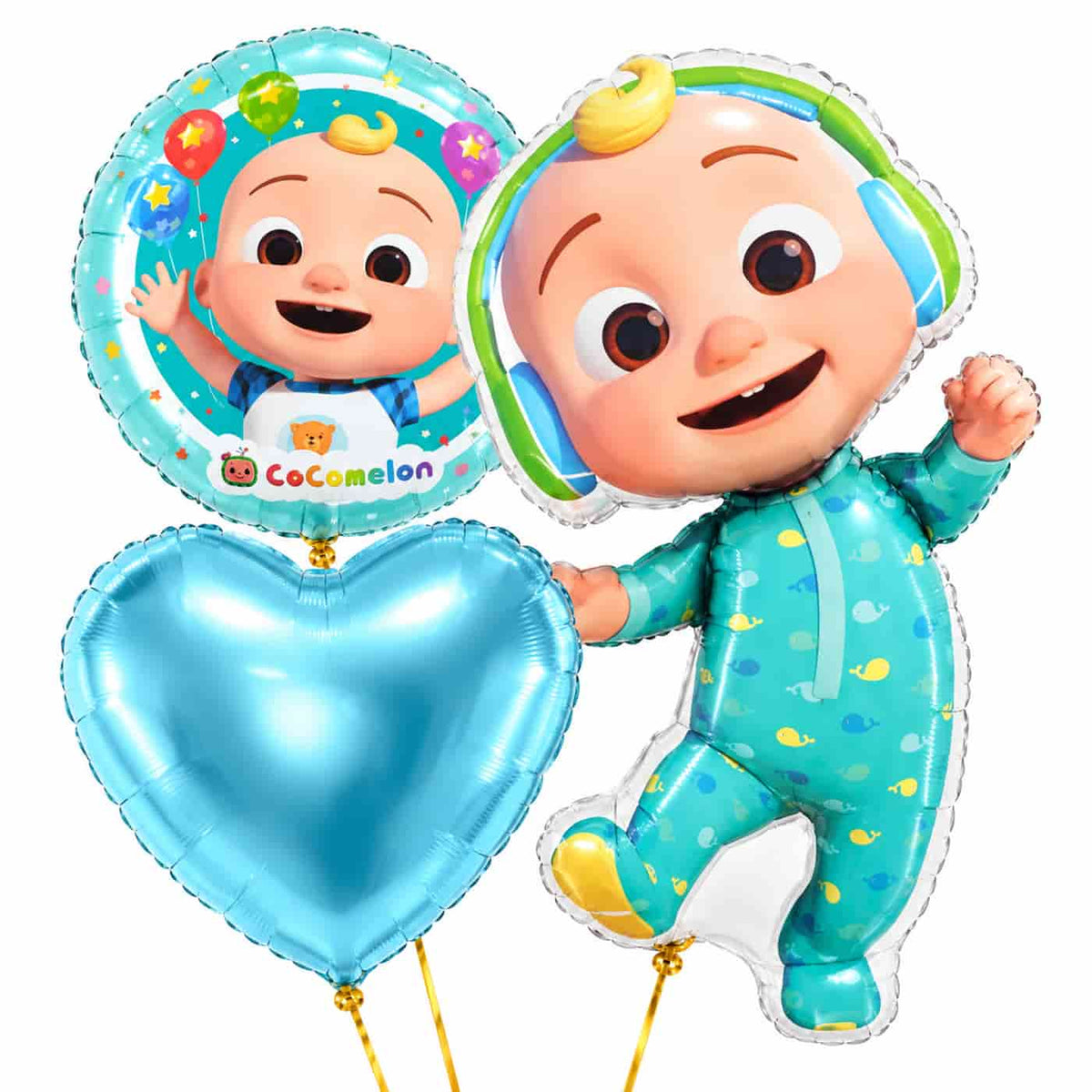 Cocomelon Baby Trosje Blauw/Wit/Groen – heliumgevulde ballonnen met dunne gouden lintjes op een witte achtergrond