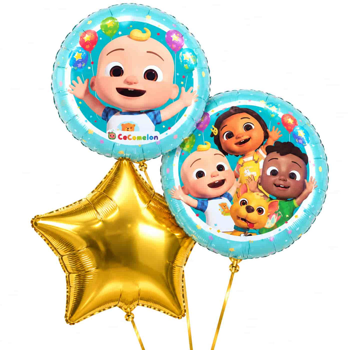 Cocomelon Trosje Blauw/Wit/Goud – heliumgevulde ballonnen met dunne gouden lintjes op een witte achtergrond