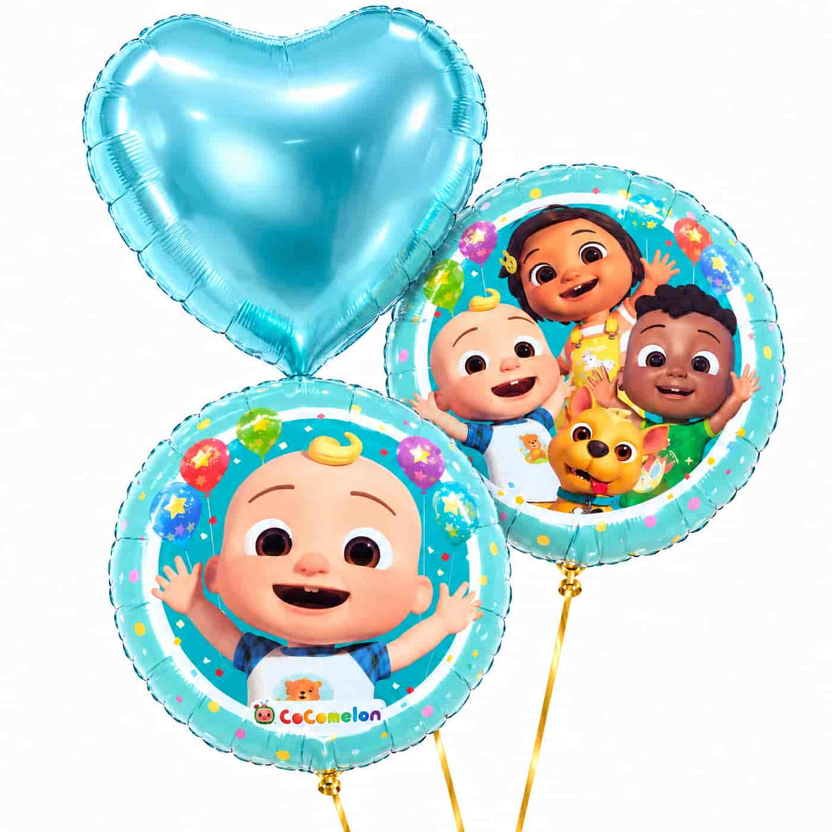 Cocomelon Trosje Blauw/Wit/Groen – 46 cm – heliumgevulde ballonnen met dunne gouden lintjes op een witte achtergrond