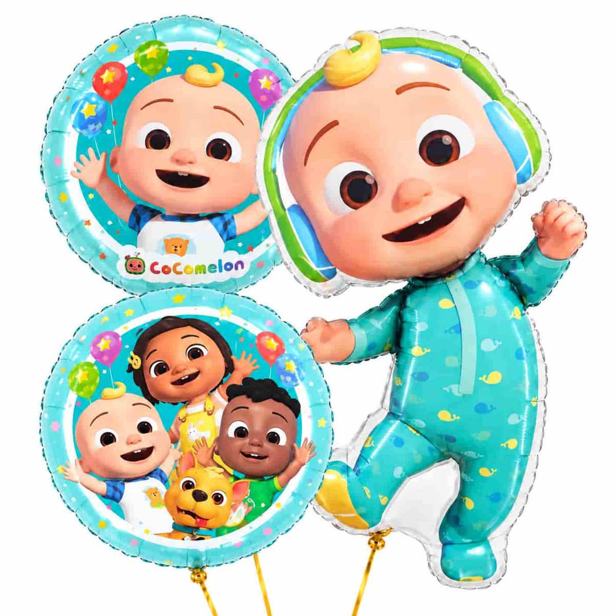 Cocomelon Trosje Blauw/Wit/Groen – 76 cm – heliumgevulde ballonnen met dunne gouden lintjes op een witte achtergrond