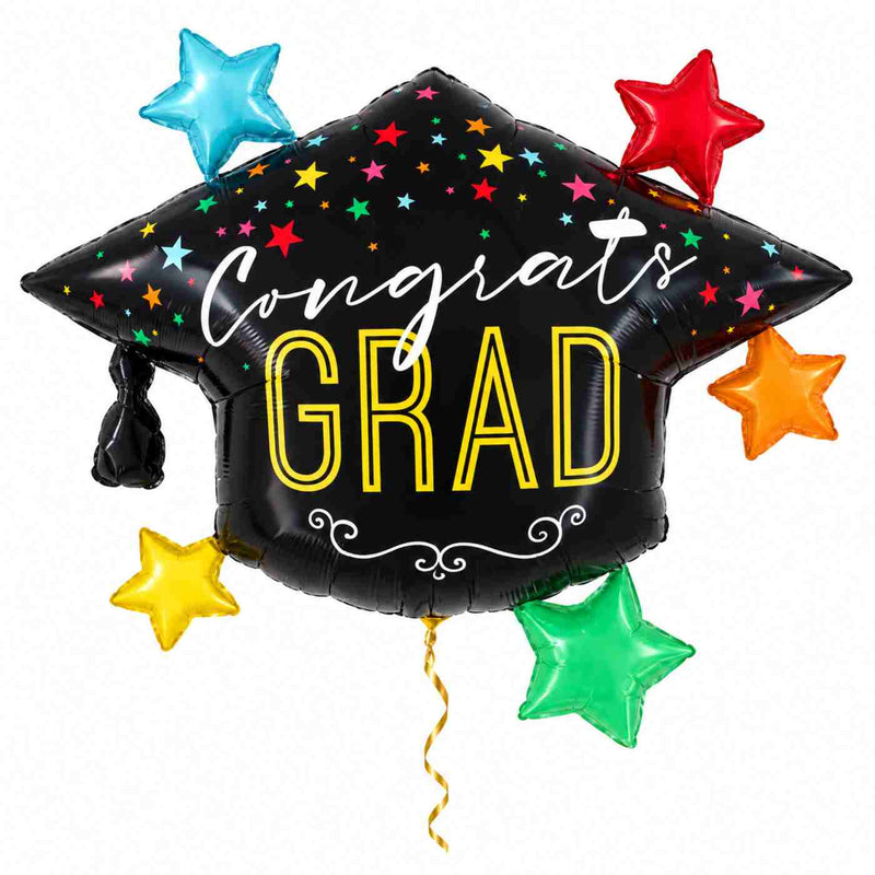 Congrats Grad Afstudeerhoed Ballon met dun metallic gouden lint op witte achtergrond – Ballonnenshop.nl
