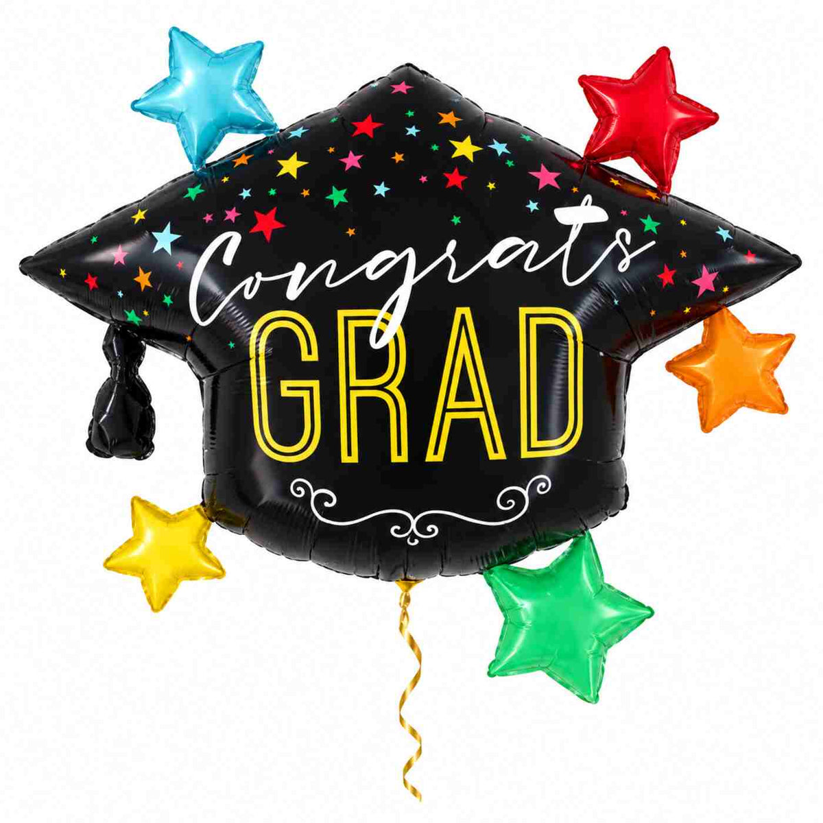 Congrats Grad Afstudeerhoed Ballon met dun metallic gouden lint op witte achtergrond – Ballonnenshop.nl