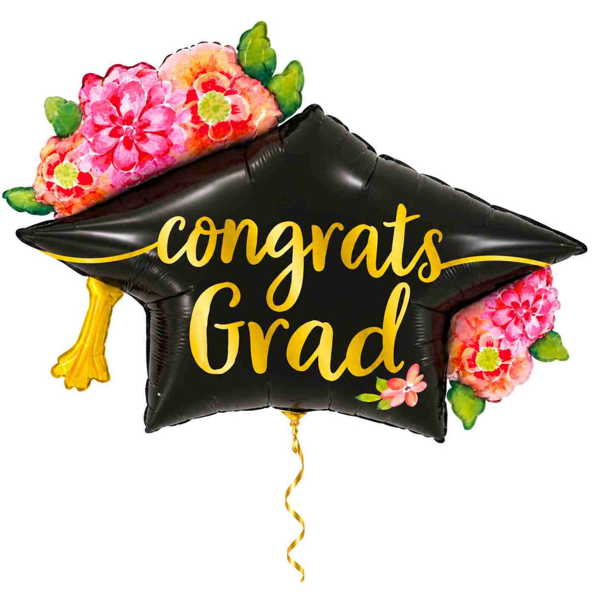 Congrats Grad Bloemenhoed Ballon met dun metallic gouden lint op witte achtergrond – Ballonnenshop.nl