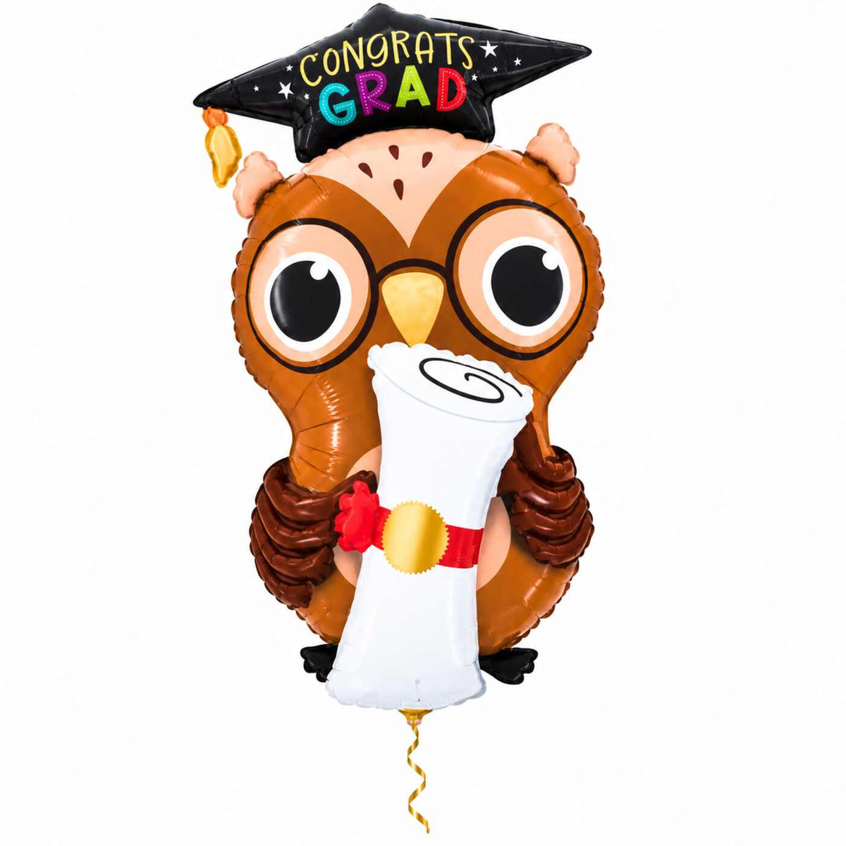 Congrats Grad Uil Ballon met dun metallic gouden lint op witte achtergrond – Ballonnenshop.nl
