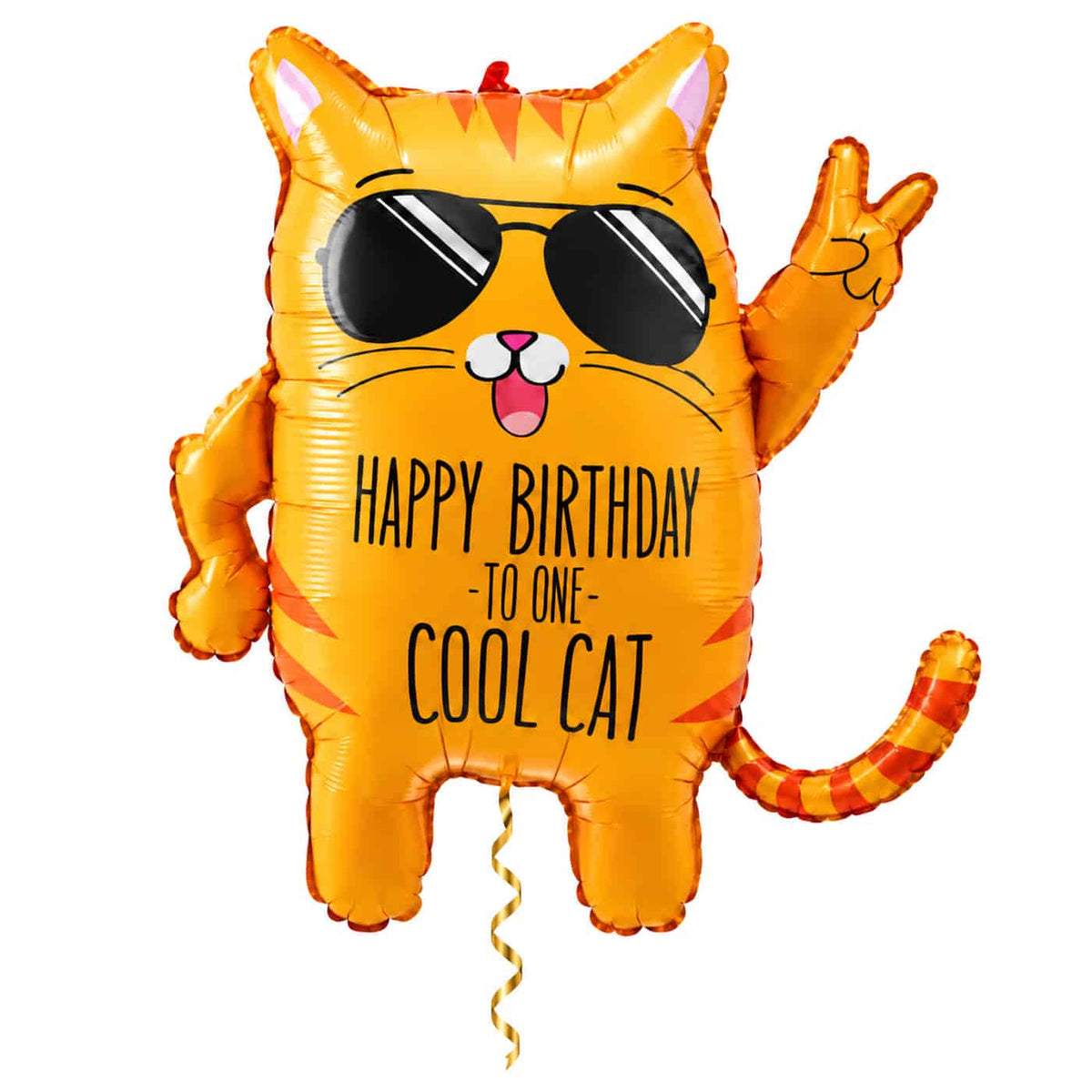 Happy Birthday Cool Cat XL ballon van 84 cm met fijn gouden krullint tussen de benen op een witte achtergrond – Ballonnenshop.nl