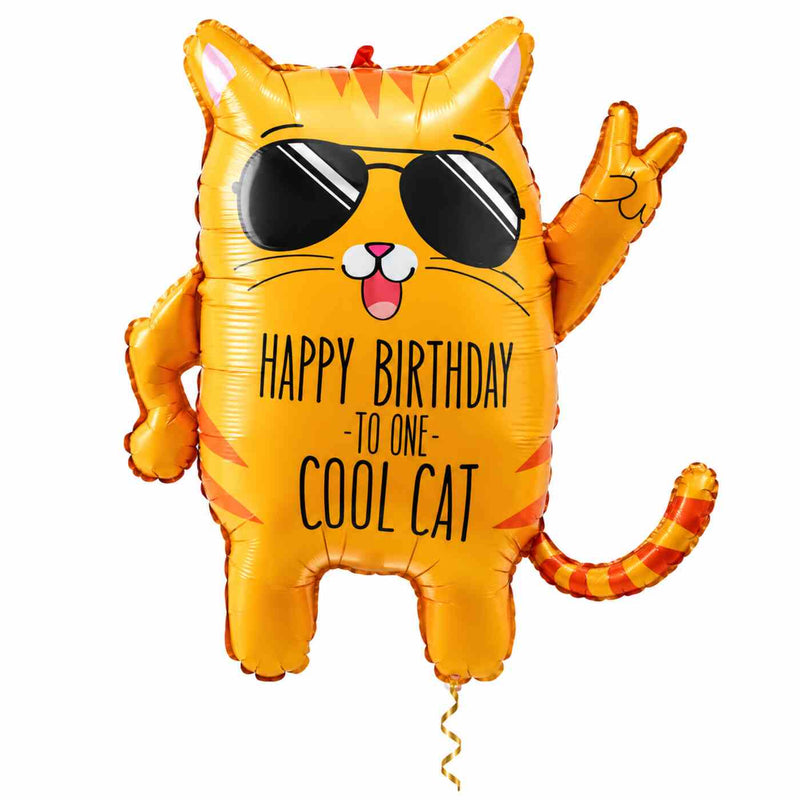 Happy Birthday Cool Cat XL Ballon met dun metallic gouden lint op witte achtergrond – Ballonnenshop.nl