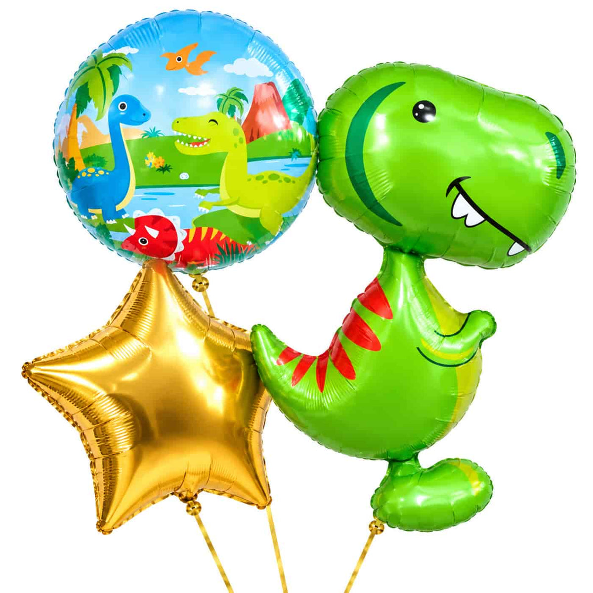 Dino Trosje Goud/Blauw/Groen/Rood – heliumgevulde ballonnen met dunne gouden lintjes op een witte achtergrond
