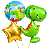 Dino Trosje Goud/Blauw/Groen/Rood – heliumgevulde ballonnen met dunne gouden lintjes op een witte achtergrond