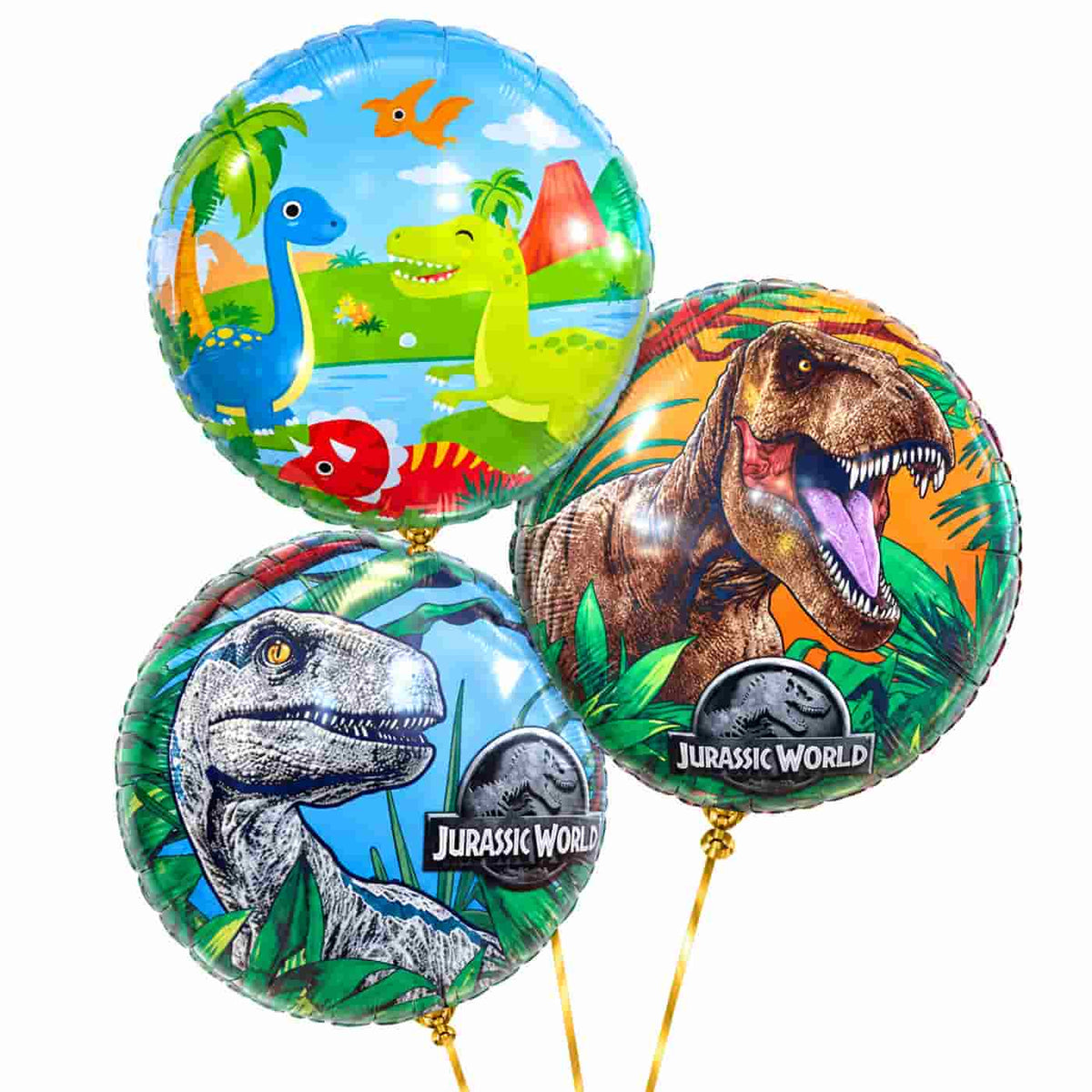 Dinosaurus Trosje Blauw/Groen/Rood – heliumgevulde ballonnen met dunne gouden lintjes op een witte achtergrond