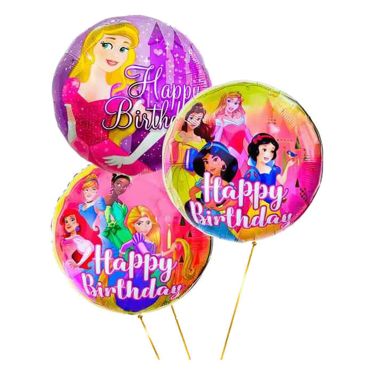 Disney Prinsessen Happy Birthday Trosje – heliumgevulde ballonnen met dunne metallic-gouden lintjes op een witte achtergrond