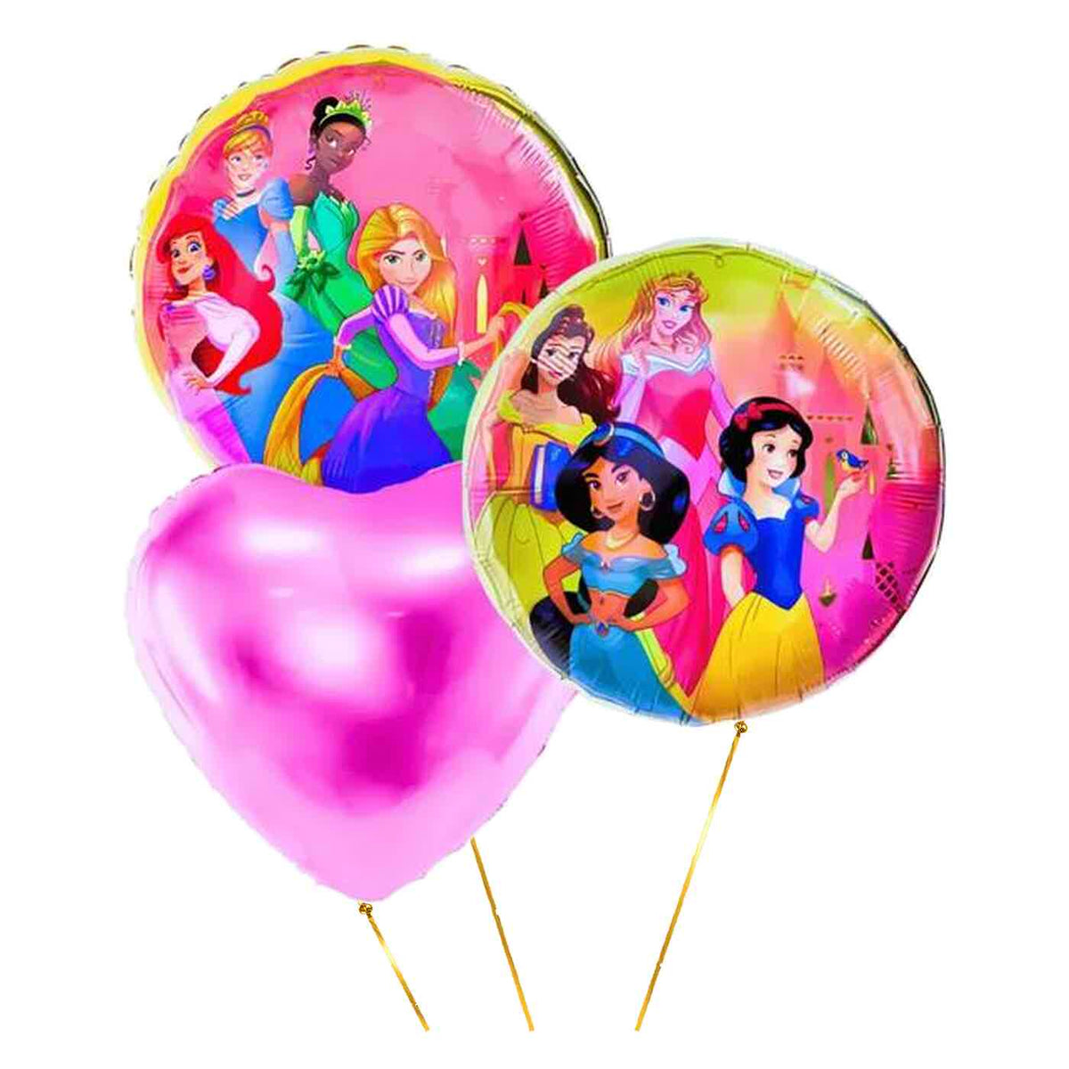 Disney Prinsessen Trosje – heliumgevulde ballonnen met dunne metallic-gouden lintjes op een witte achtergrond