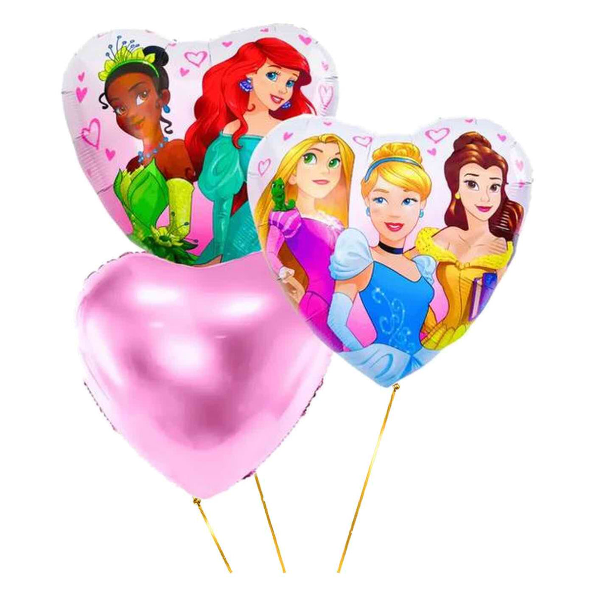 Disney Prinsessen Trosje Hartjes – heliumgevulde ballonnen met dunne metallic-gouden lintjes op een witte achtergrond