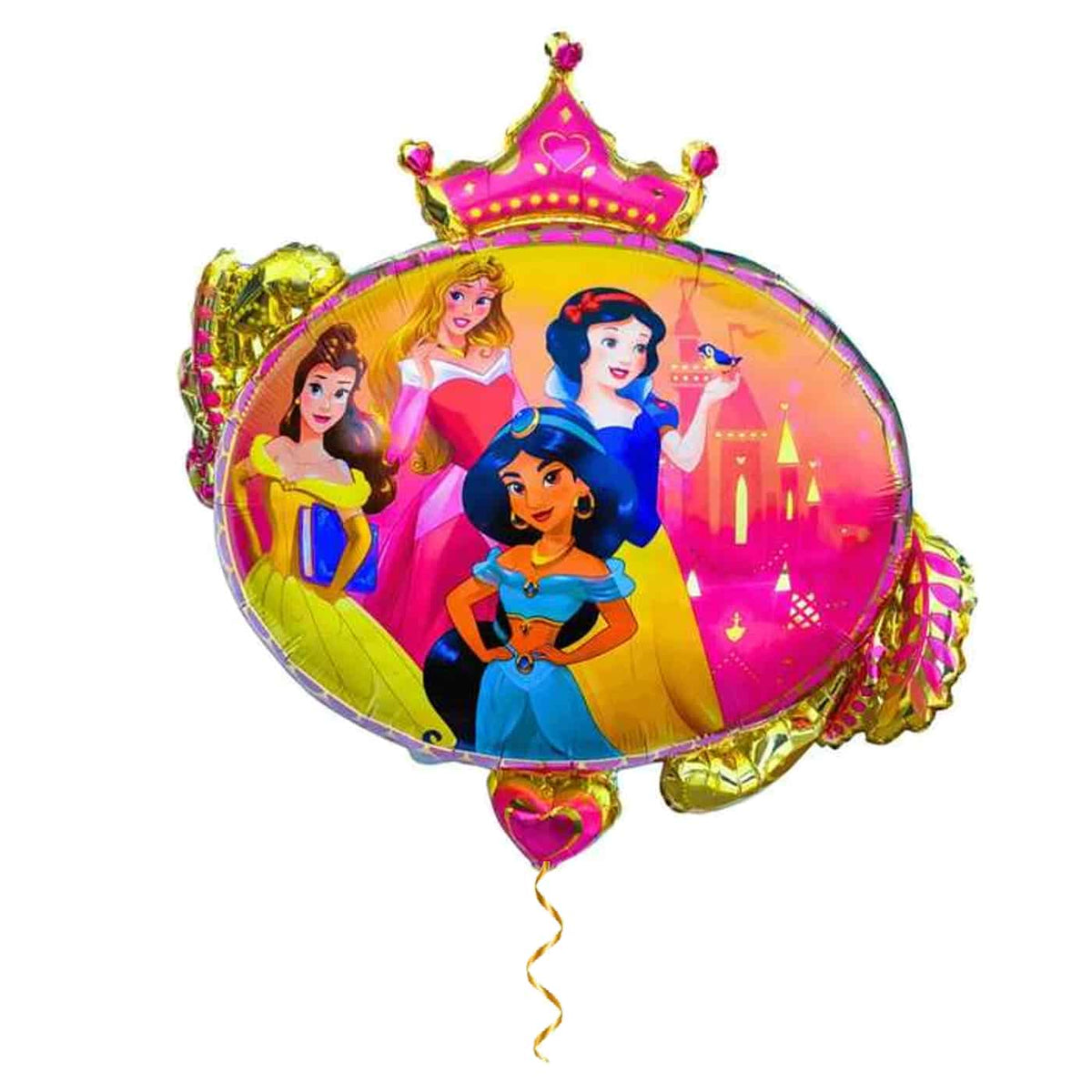 Doornroosje Belle, Sneeuwwitje XL – helium gevuld met metallic gouden lint – Ballonnenshop.nl