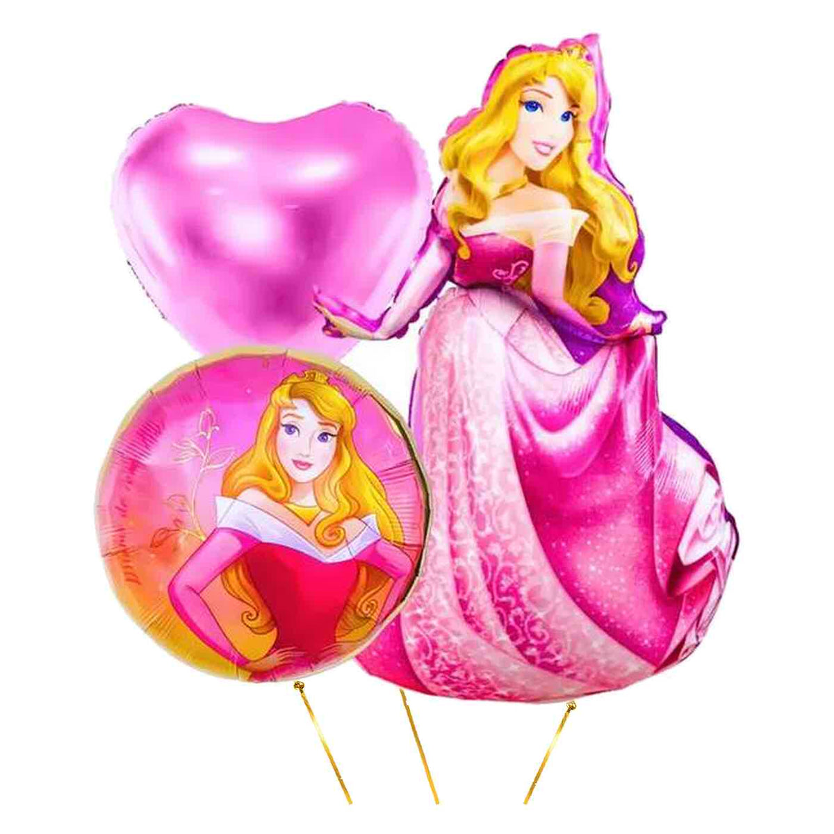 Doornroosje Disney Prinses Trosje – heliumgevulde ballonnen met dunne metallic-gouden lintjes op een witte achtergrond