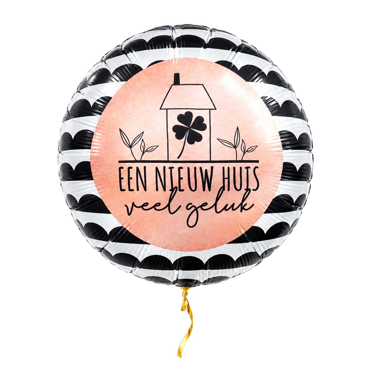 Een Nieuw Huis Veel Geluk Ballon – met helium gevuld, met gouden lint