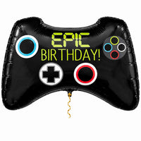 Epic Birthday Game Controller XL met dun metallic gouden lint op witte achtergrond – Ballonnenshop.nl