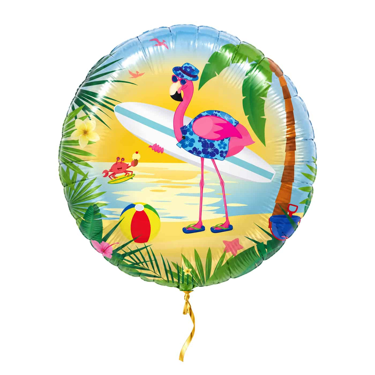 Flamingo Op Het Strand Ballon – met helium gevuld, met gouden lint