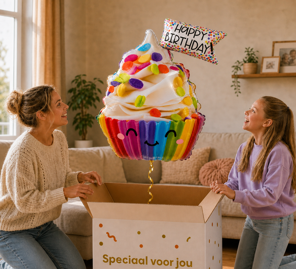 Vrouw en meisje pakken de Happy Birthday Cupcake ballon uit