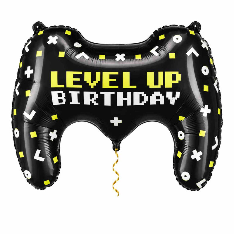 Gamecontroller Level Up XL Ballon met dun metallic gouden lint op witte achtergrond – Ballonnenshop.nl