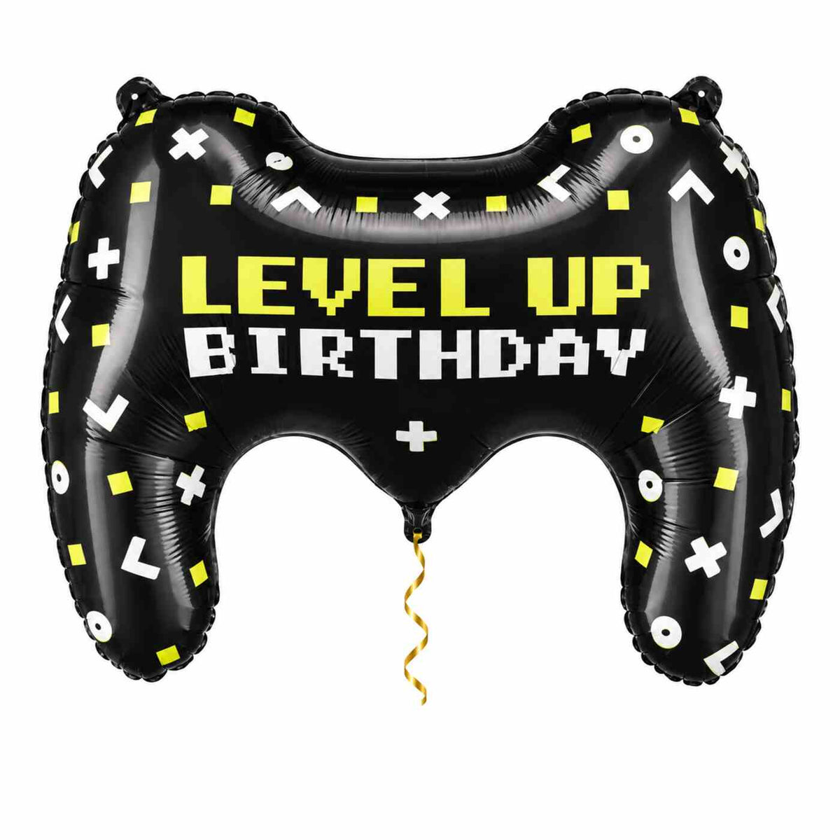 Gamecontroller Level Up XL Ballon met dun metallic gouden lint op witte achtergrond – Ballonnenshop.nl