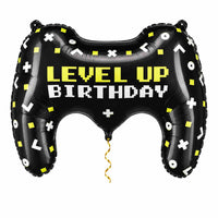 Gamecontroller Level Up XL Ballon met dun metallic gouden lint op witte achtergrond – Ballonnenshop.nl