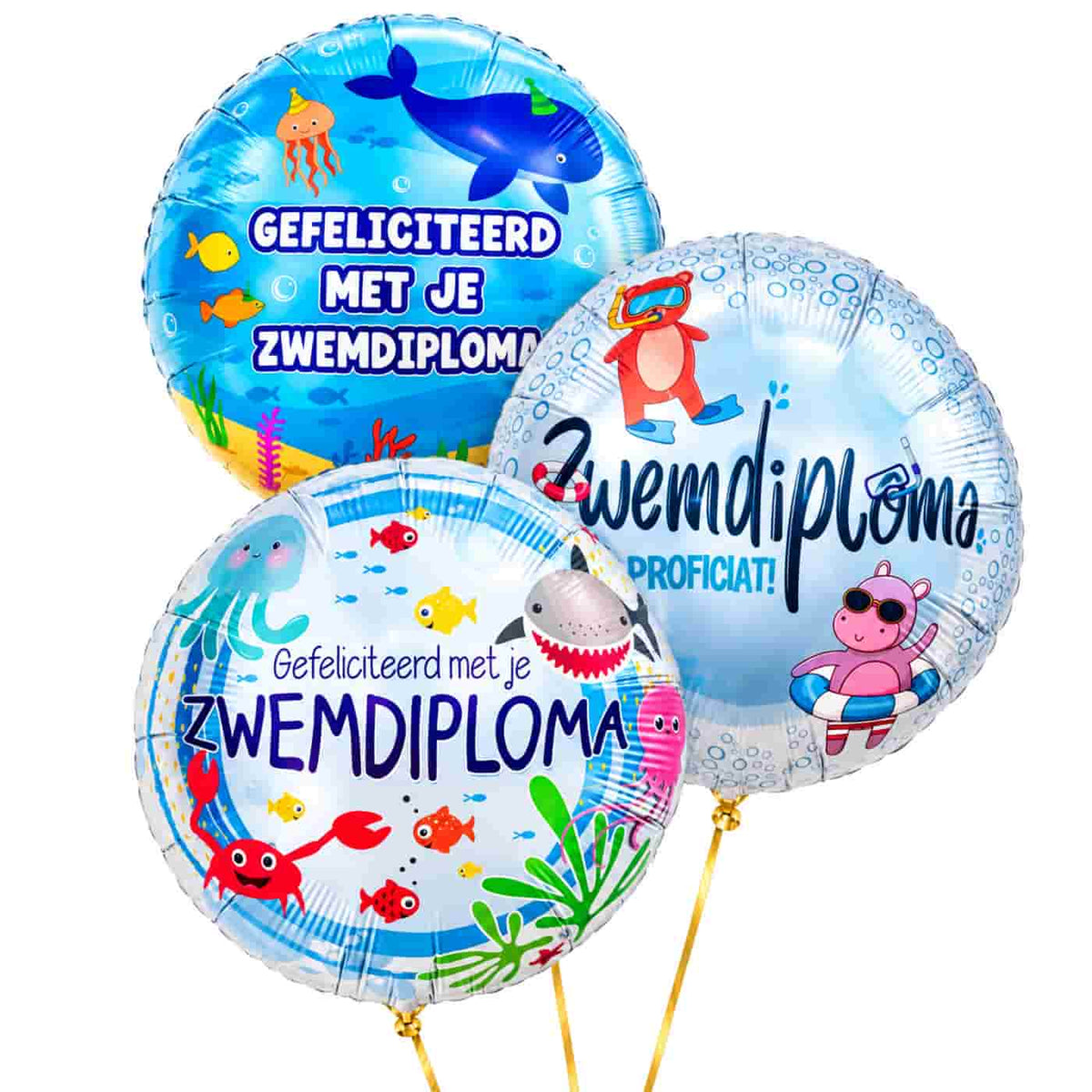 Gefeliciteerd Zwemdiploma Trosje – heliumgevulde ballonnen met dunne gouden lintjes op een witte achtergrond