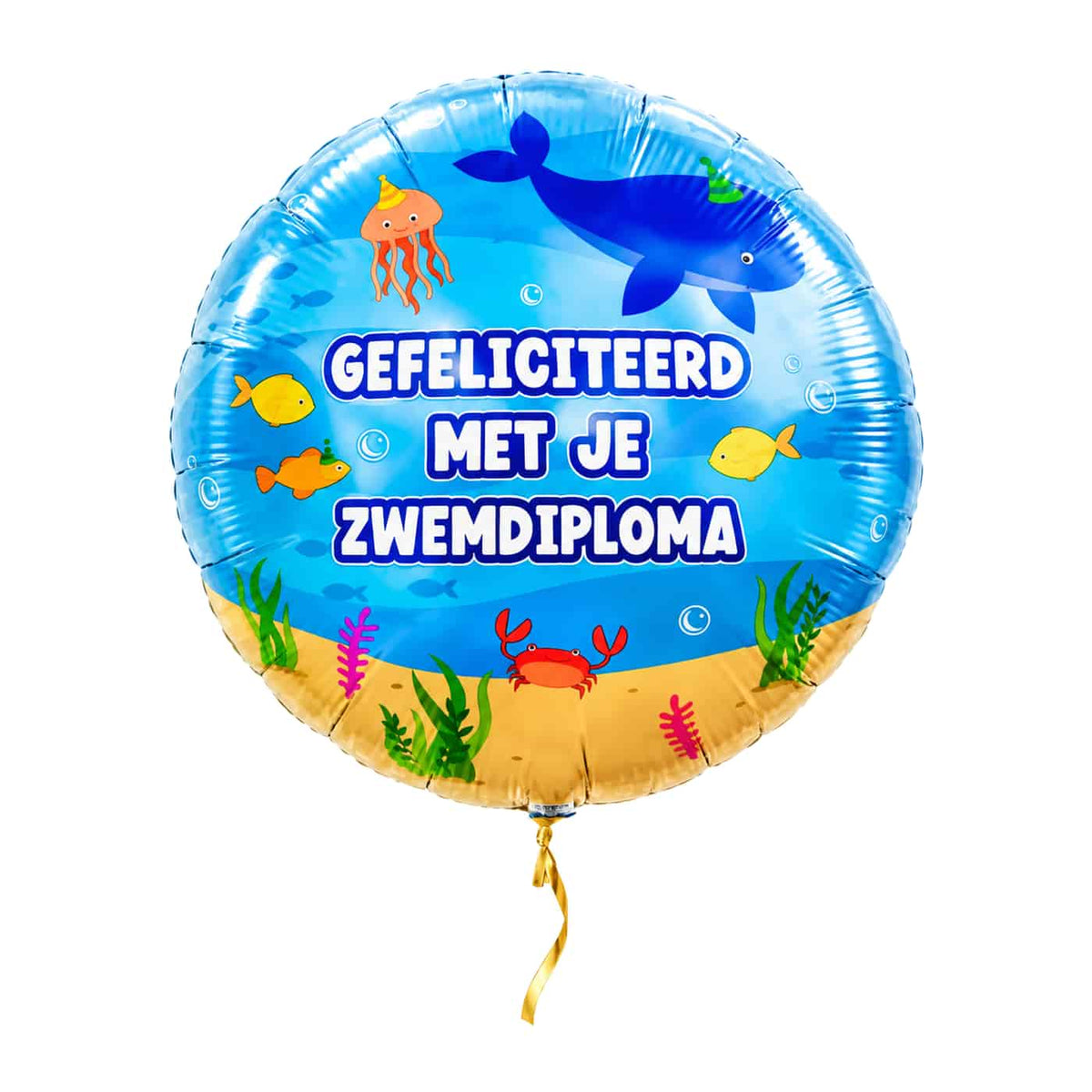 Gefeliciteerd Zwemdiploma Ballon – met helium gevuld, met gouden lint