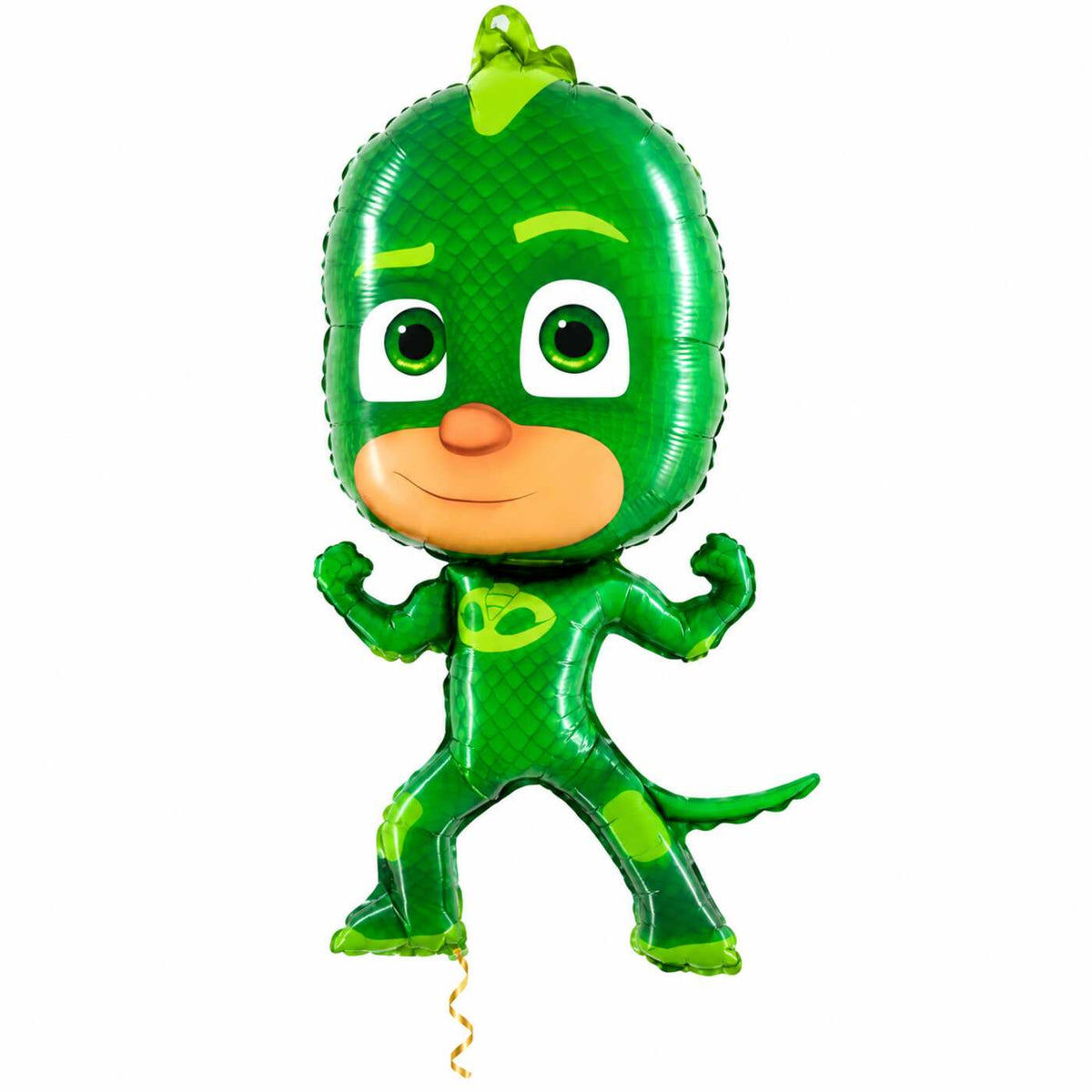 Gekko PJ Masks Helium XL Ballon met dun metallic gouden lint op witte achtergrond – Ballonnenshop.nl