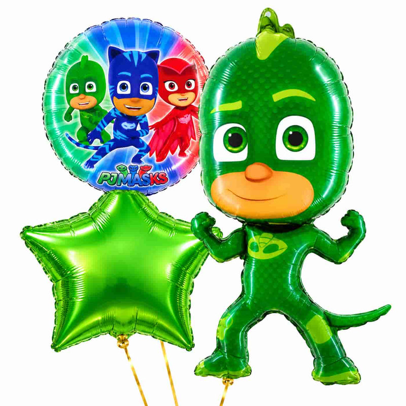 Gekko PJ Masks Trosje – heliumgevulde ballonnen met dunne gouden lintjes op een witte achtergrond