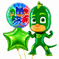Gekko PJ Masks Trosje – heliumgevulde ballonnen met dunne gouden lintjes op een witte achtergrond