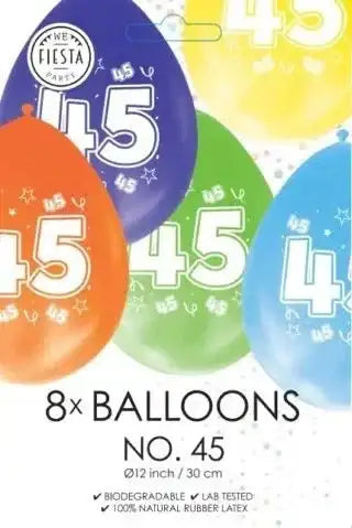 Gekleurde Ballonnen 45 jaar - 8 stuks - 30 cm - Ballonnenshop.nl