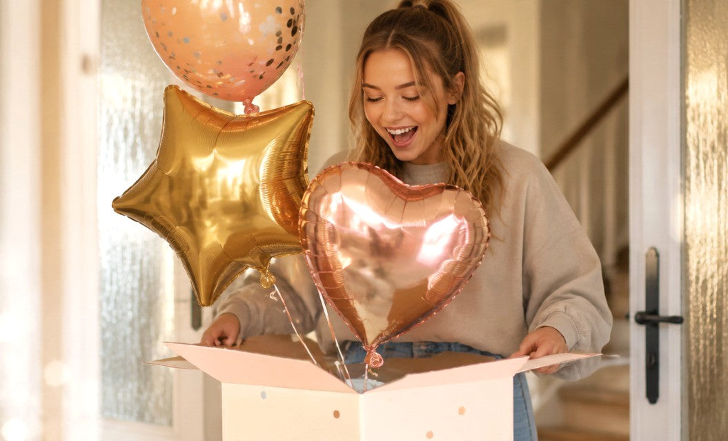Vrouw met feestelijke ballonnen van Ballonnenshop.nl