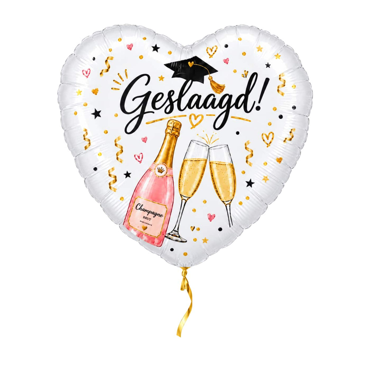 Geslaagd Champagne Hart Ballon – met helium gevuld, met gouden lint
