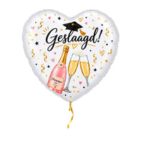 Geslaagd Champagne Hart Ballon – met helium gevuld, met gouden lint