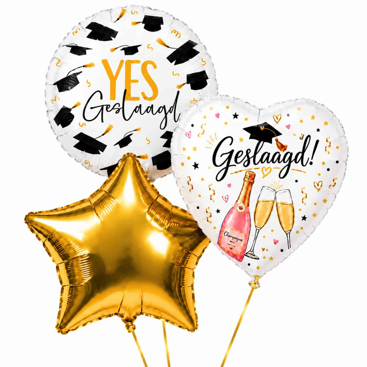 Geslaagd Champagne Hart Ballonnentros – heliumgevulde ballonnen met dunne gouden lintjes op een witte achtergrond