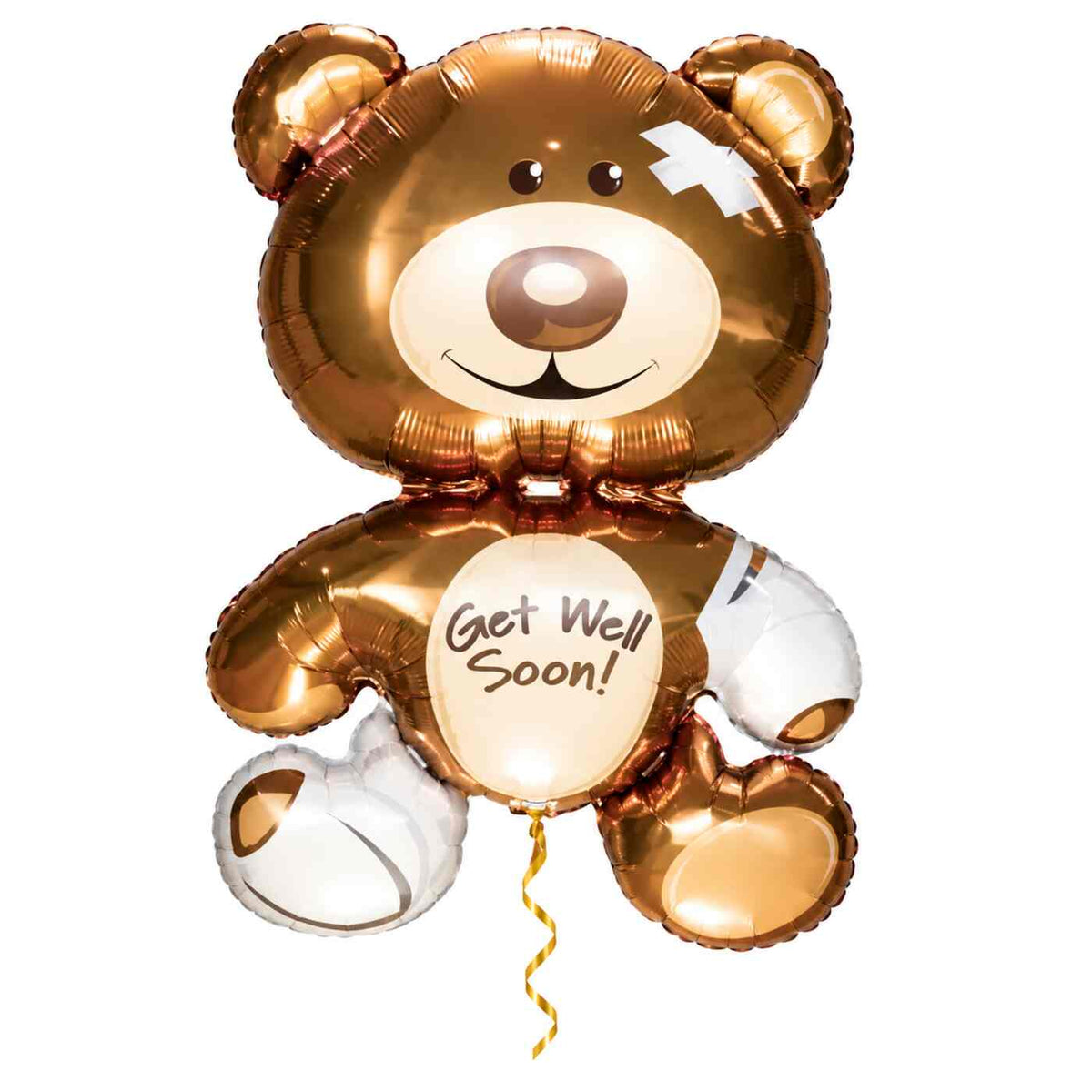 Get Well Soon Beer XL Ballon met dun metallic gouden lint op witte achtergrond – Ballonnenshop.nl
