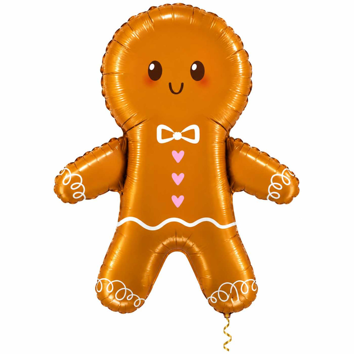 Gingerbread Mannetje XL Ballon met dun metallic gouden lint op witte achtergrond – Ballonnenshop.nl