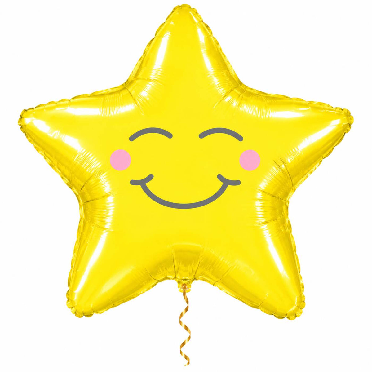 Glimlachende Ster Helium Ballon met dun metallic gouden lint op witte achtergrond