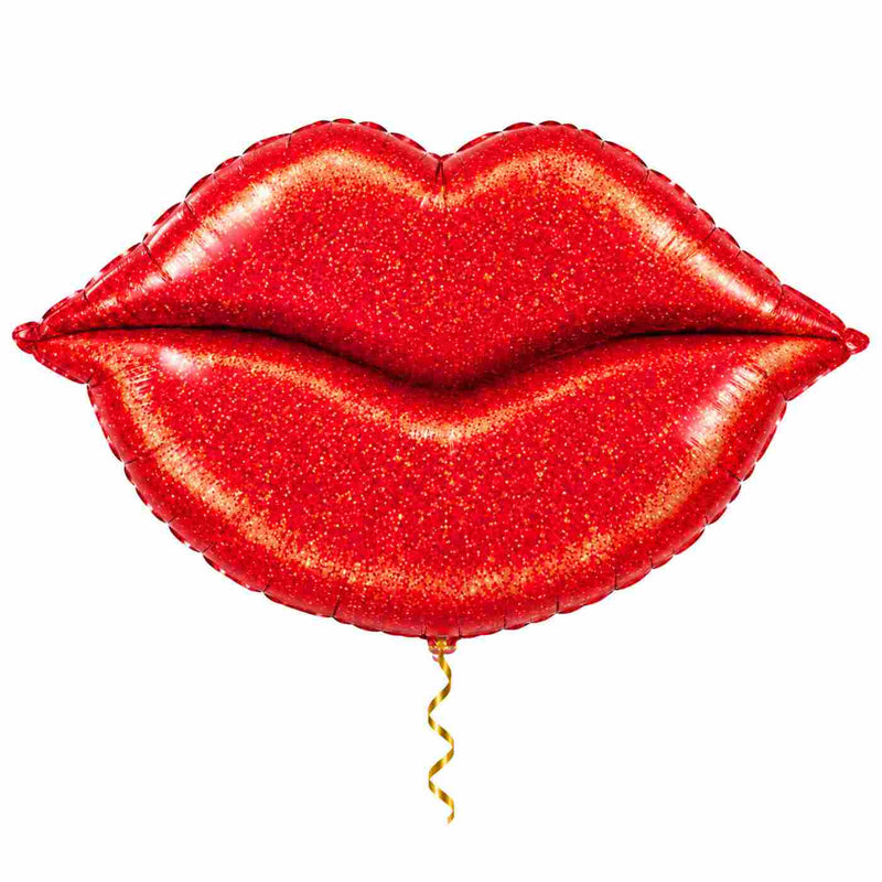 Glitter Lippen Helium XL Ballon met dun metallic gouden lint op witte achtergrond – Ballonnenshop.nl