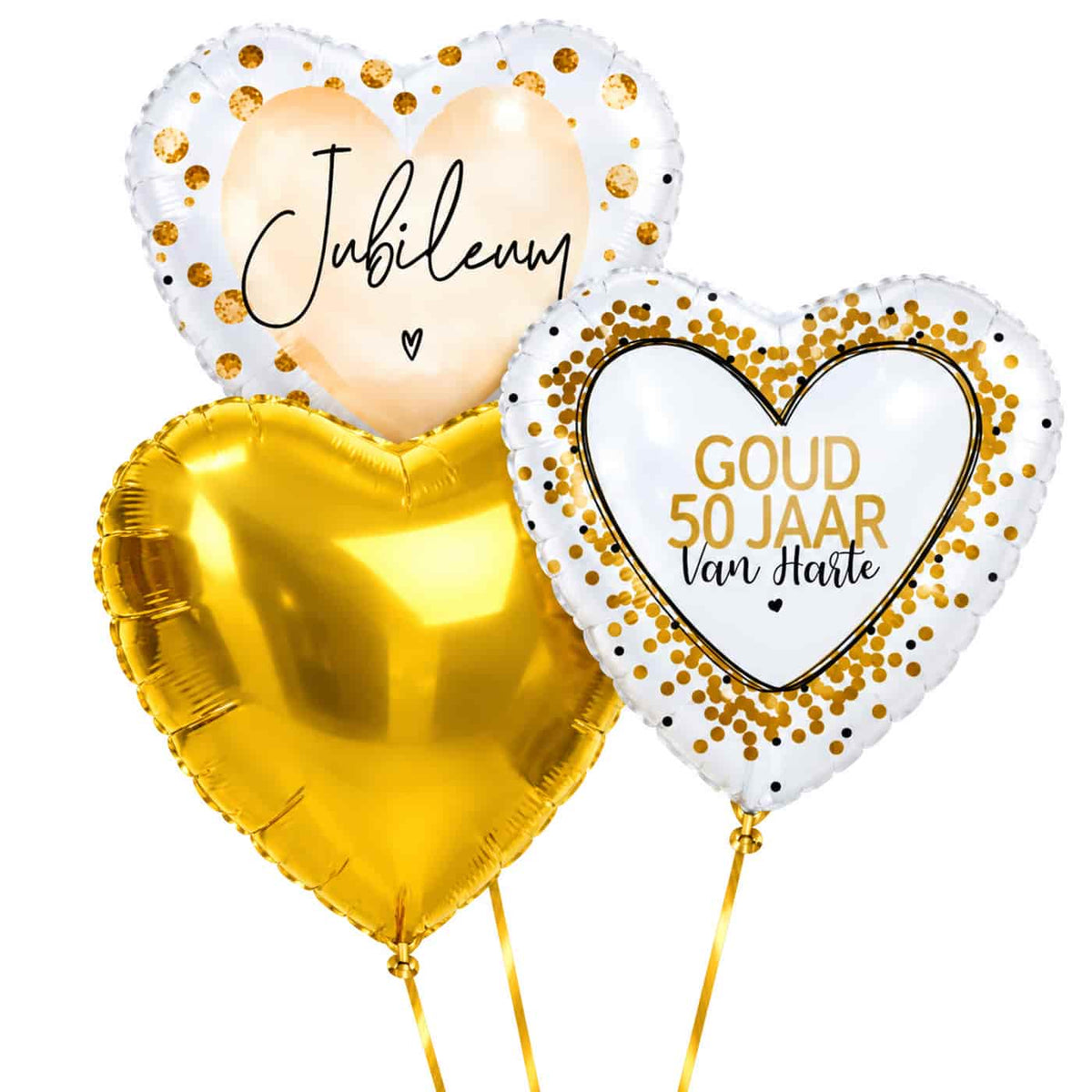 Goud 50 Jaar Jubileum Trosje Goud – heliumgevulde ballonnen met dunne gouden lintjes op een witte achtergrond