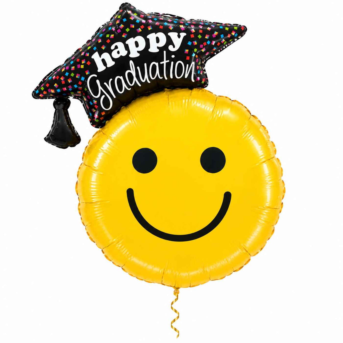 Graduation Smiley XL Ballon met dun metallic gouden lint op witte achtergrond – Ballonnenshop.nl