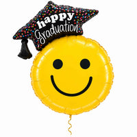 Graduation Smiley XL Ballon met dun metallic gouden lint op witte achtergrond – Ballonnenshop.nl
